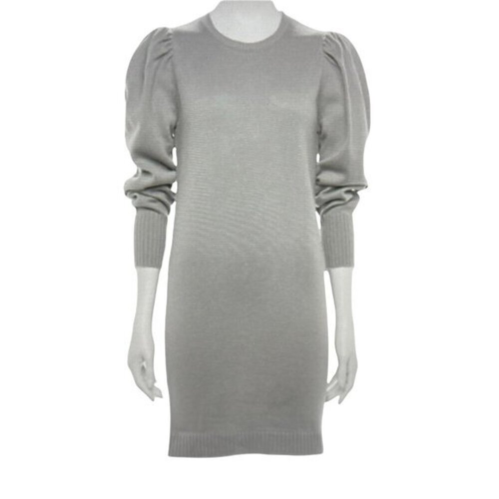 Lily Rose Gray Puff Sleeve Knit Sweater Dress Crew Neck Mini Size L